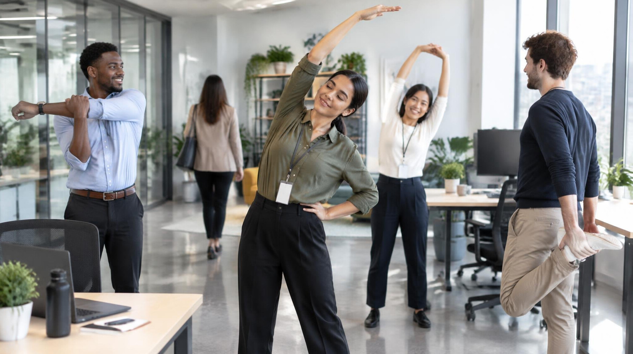 group stretching in office
