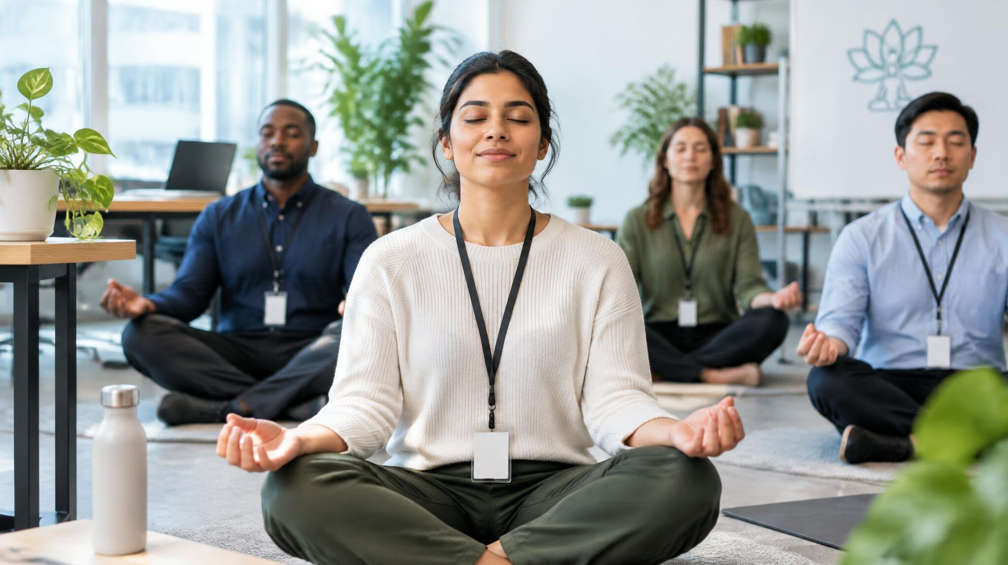 person meditating in office