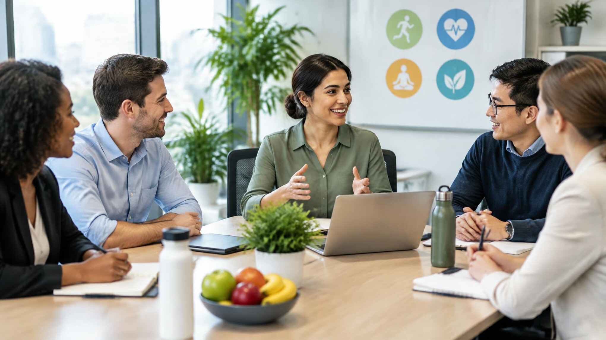 healthy employees in office meeting